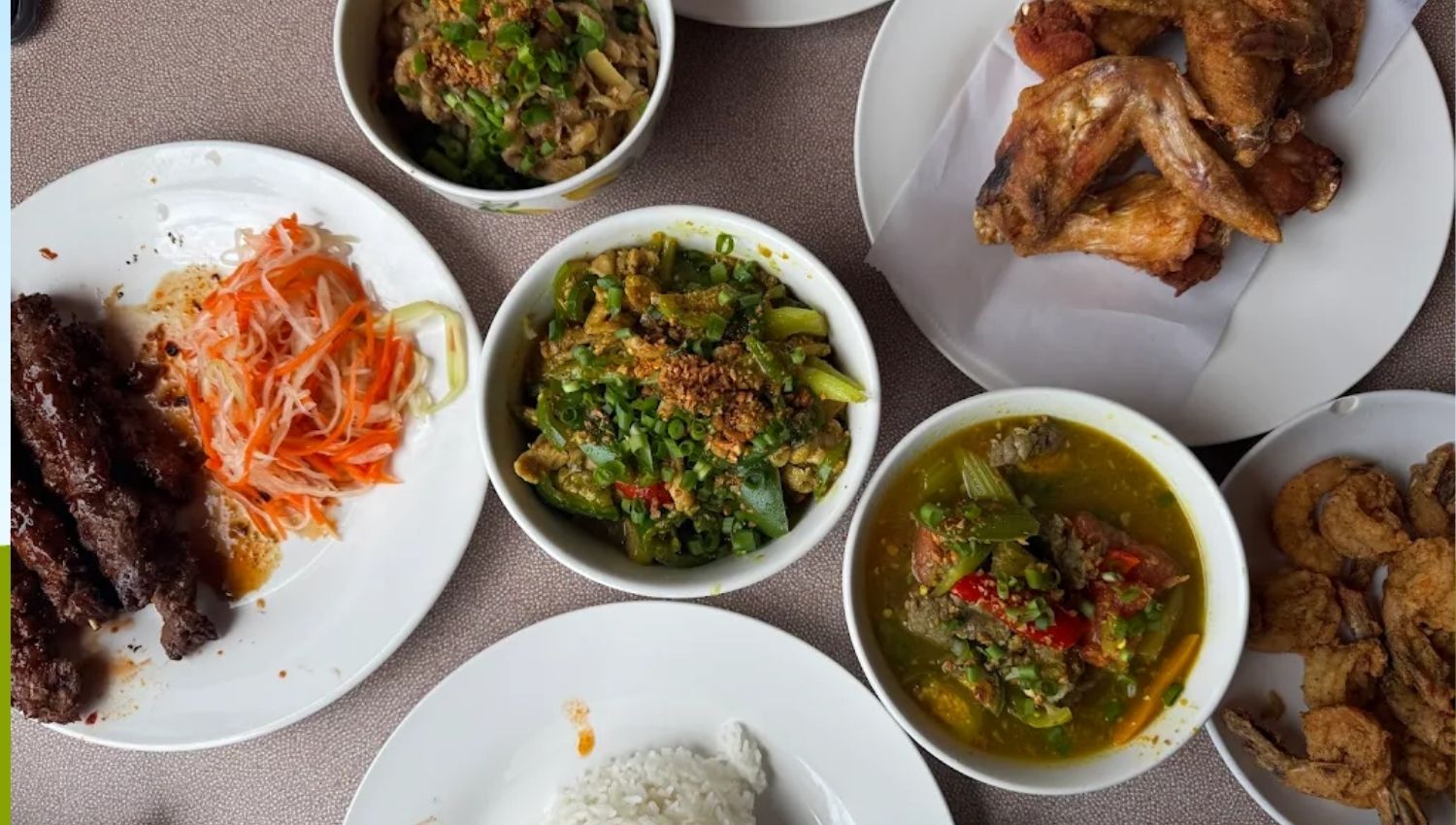 A Khmer Bowl family-style spread