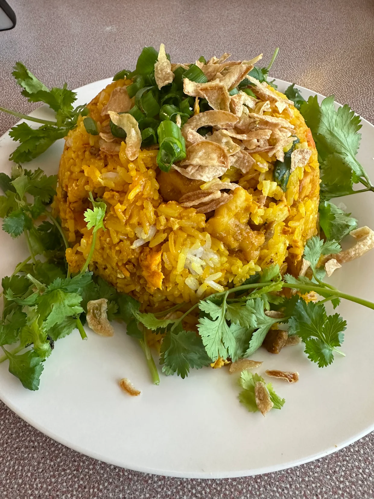 A golden dome of Cambodian fried rice topped with crispy shallots, scallions, and cilantro